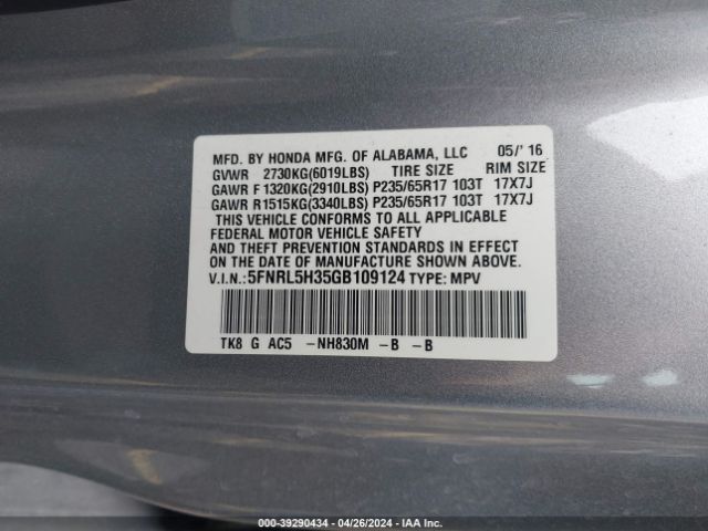 5FNRL5H35GB109124 Honda ODYSSEY SE