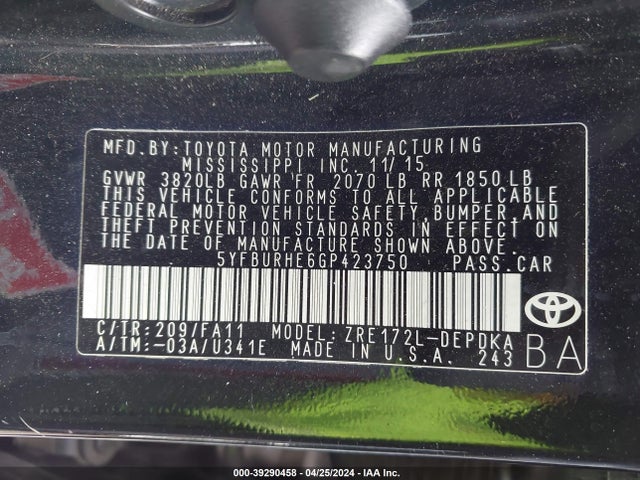 Toyota COROLLA L 2016 5YFBURHE6GP423750 Image 9