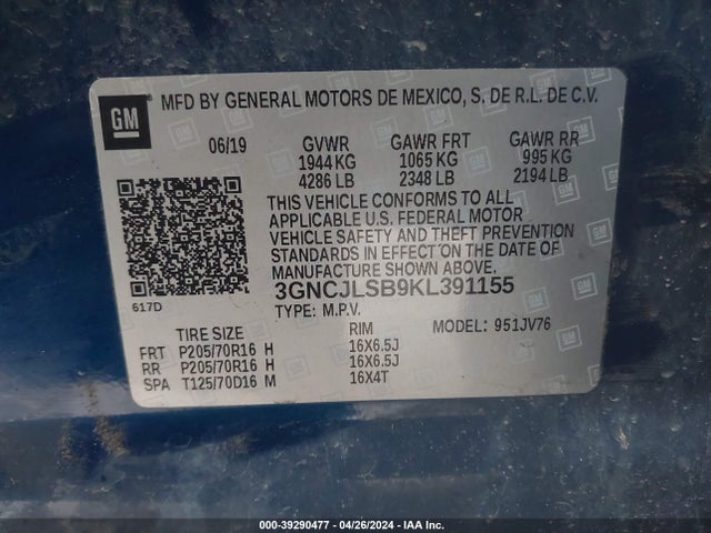 Chevrolet Trax Lt 2019 3GNCJLSB9KL391155 Image 9