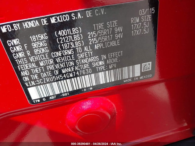 Honda HR-V EX 2016 3CZRU5H54GM747630 Image 9