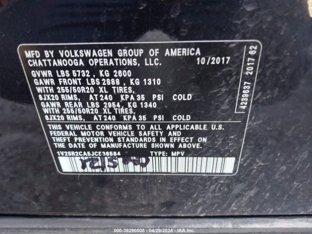 1V2SR2CA5JC536584 Volkswagen Atlas 3.6l V6 Sel