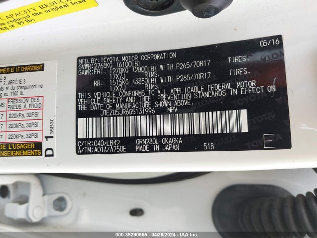 Toyota 4runner Sr5 Premium 2016 JTEZU5JR6G5131996 Image 9