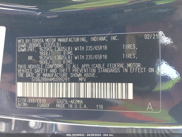 Toyota Highlander Xle 2021 5TDGZRBH4MS099291 Image 9