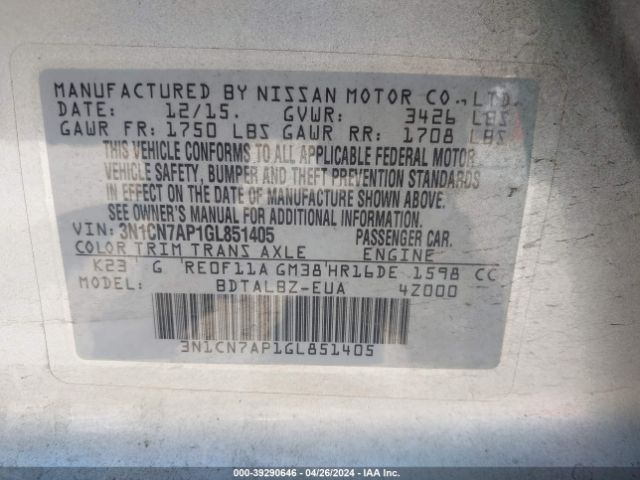 3N1CN7AP1GL851405 Nissan Versa 1.6 S/1.6 S+/1.6 Sl/1.6 Sv