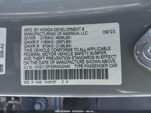 1HGCY2F53RA002449 Honda Accord Hybrid Sport