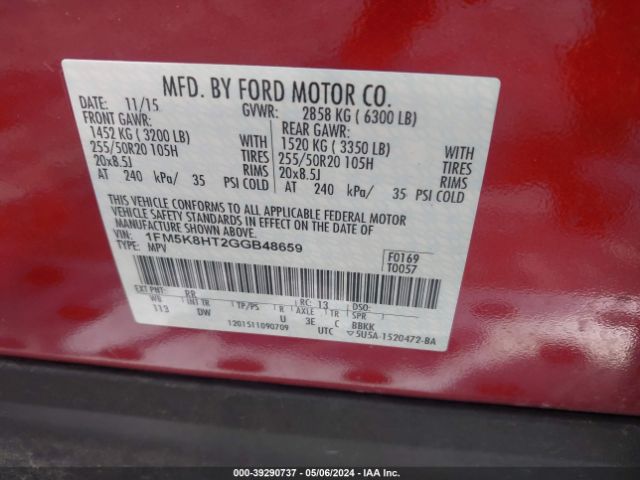 1FM5K8HT2GGB48659 Ford Explorer Platinum