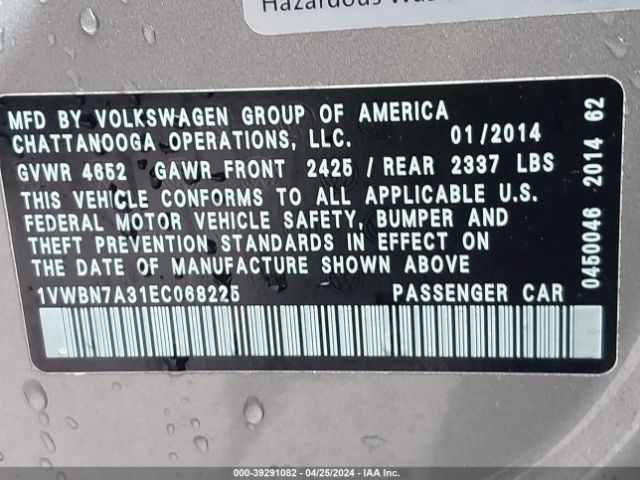 1VWBN7A31EC068225 Volkswagen Passat 2.0l Tdi Se