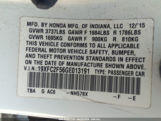 Honda Civic Lx 2016 19XFC2F56GE013191 Image 9