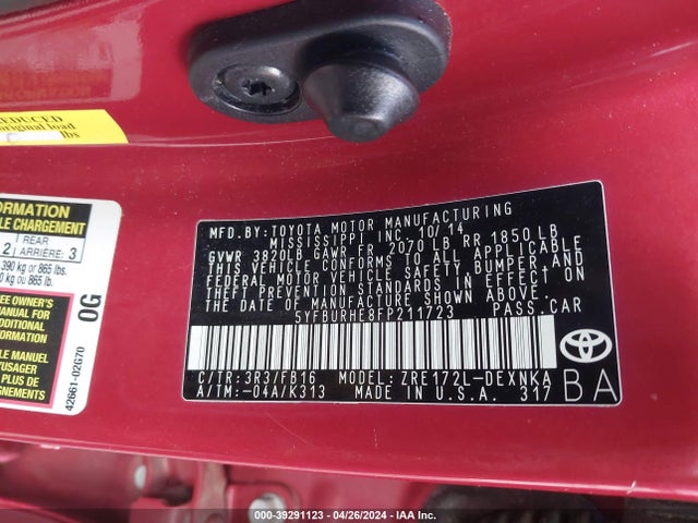 Toyota COROLLA LE 2015 5YFBURHE8FP211723 Image 9