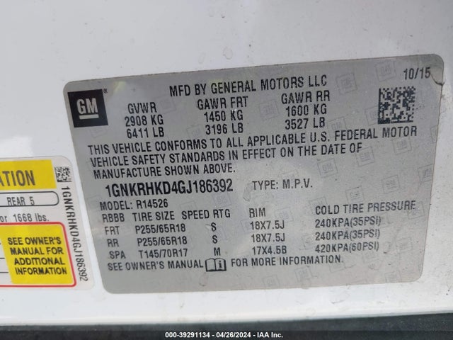 Chevrolet Traverse 2lt 2016 1GNKRHKD4GJ186392 Image 9