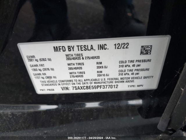 7SAXCBE59PF377012 Tesla Model X Dual Motor All-wheel Drive/standard Range