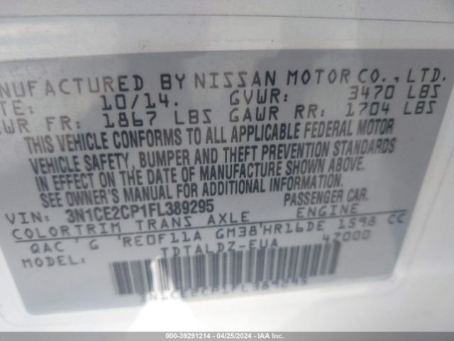 3N1CE2CP1FL389295 Nissan Versa Note Sv