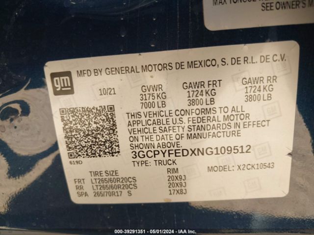 3GCPYFEDXNG109512 Chevrolet Silverado 1500 Ltd 4wd  Short Bed Lt Trail Boss
