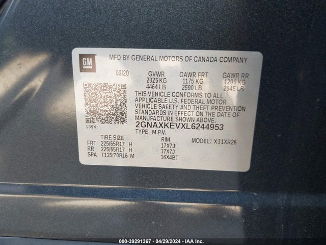 39291367 :رقم المزاد ، 2GNAXKEVXL6244953 vin ، 2020 Chevrolet Equinox Fwd Lt 1.5l Turbo مزاد بيع