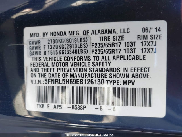 Honda Odyssey Ex-l 2014 5FNRL5H69EB126130 Image 9