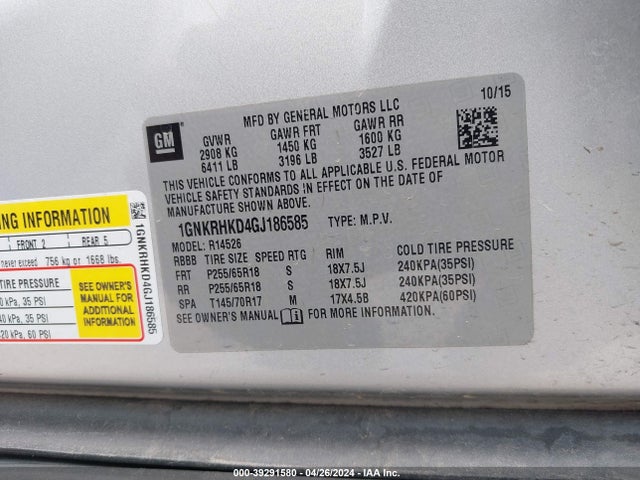 Chevrolet Traverse 2lt 2016 1GNKRHKD4GJ186585 Image 9