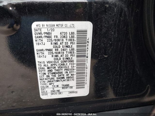 JN8AT2MV7LW138170 Nissan Rogue Sv Intelligent Awd