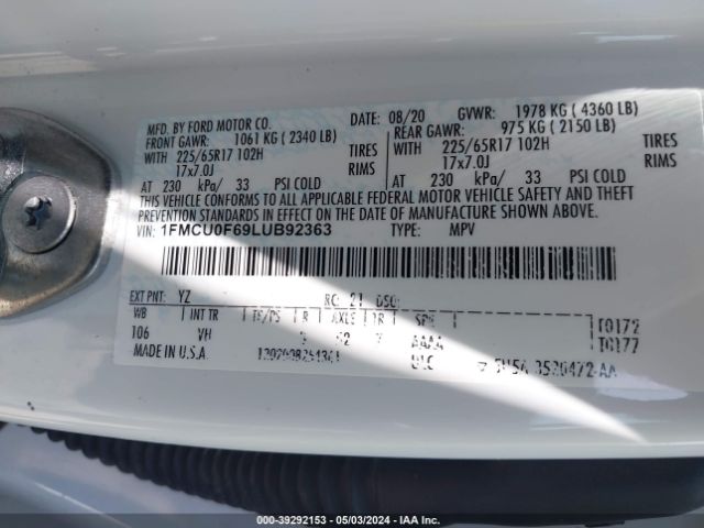 1FMCU0F69LUB92363 Ford ESCAPE S