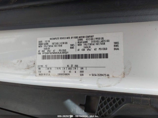 Ford Transit-350 Cab 2019 1FDBF8ZM9KKA38521 Image 9