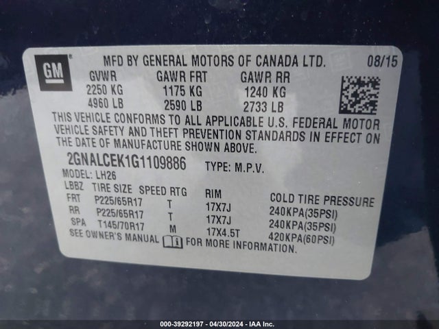 Chevrolet EQUINOX LT 2016 2GNALCEK1G1109886 Image 9