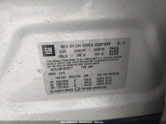 Chevrolet Trax Lt 2018 KL7CJLSB1JB728777 Image 9
