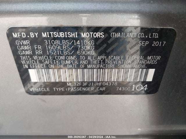 ML32F3FJ1JHF04378 Mitsubishi Mirage G4 Es