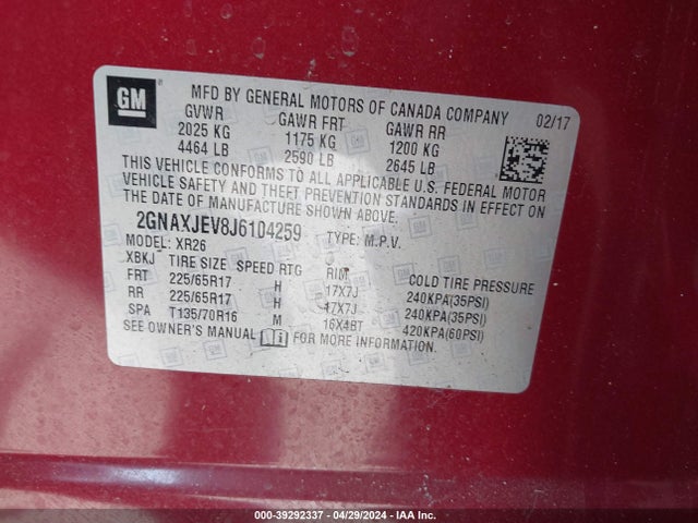 Chevrolet EQUINOX LT 2018 2GNAXJEV8J6104259 Image 9