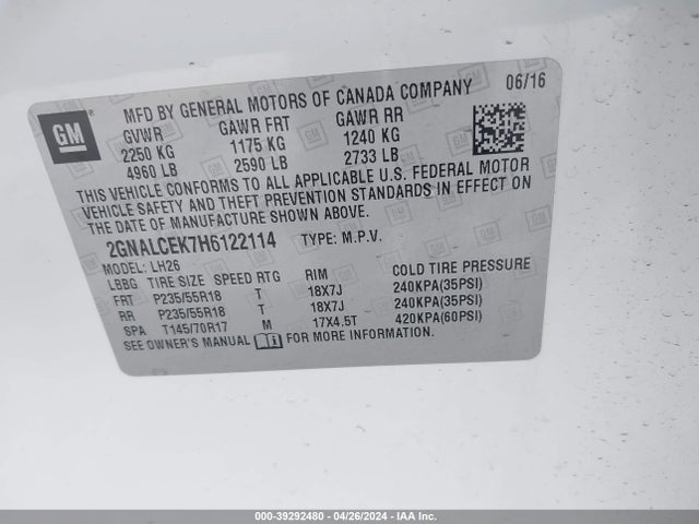 Chevrolet EQUINOX LT 2017 2GNALCEK7H6122114 Image 9