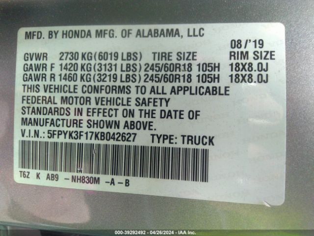 5FPYK3F17KB042627 Honda Ridgeline Sport
