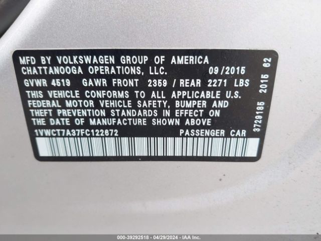 1VWCT7A37FC122672 Volkswagen Passat 1.8t Sel Premium