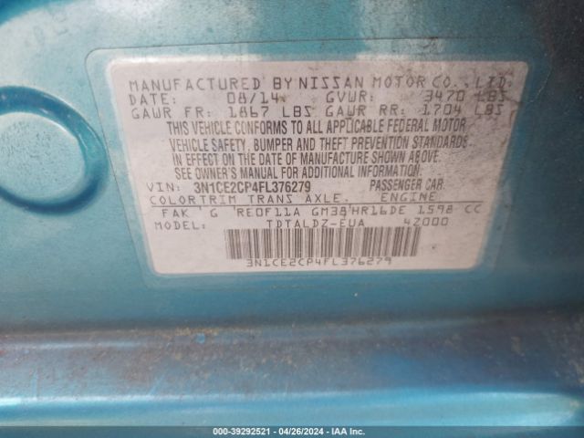 3N1CE2CP4FL376279 Nissan Versa Note Sv