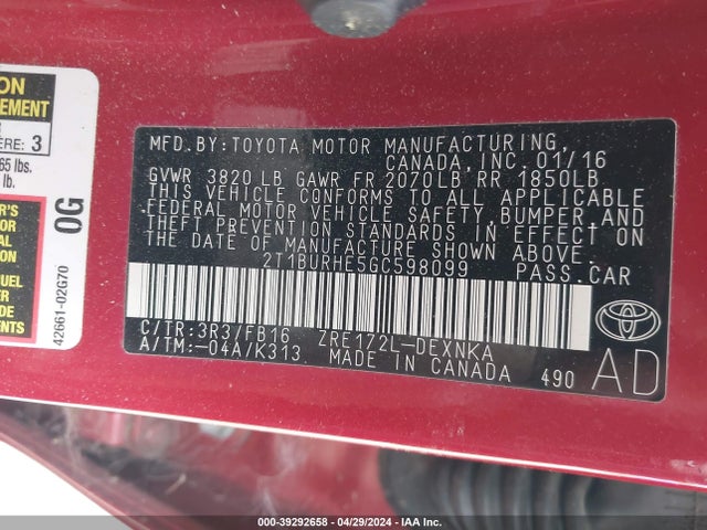 Toyota COROLLA LE 2016 2T1BURHE5GC598099 Image 9
