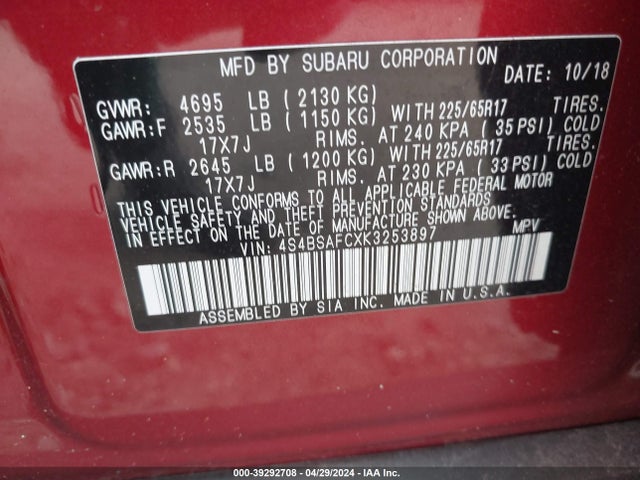 Subaru Outback 2.5i Premium 2019 4S4BSAFCXK3253897 Image 9