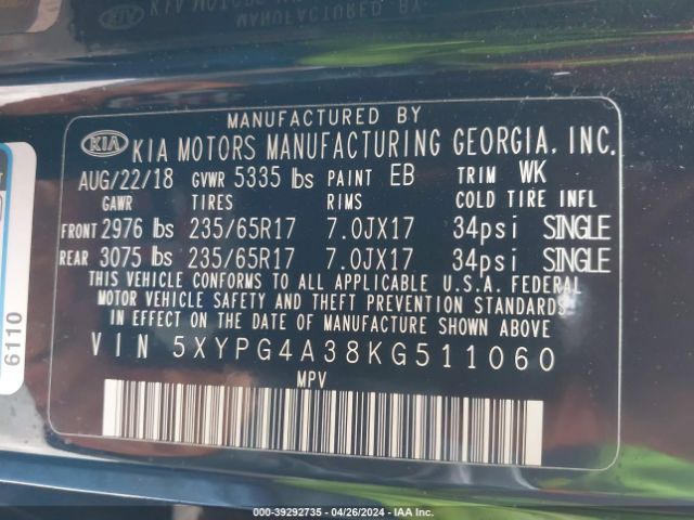 5XYPG4A38KG511060 KIA Sorento 2.4l L