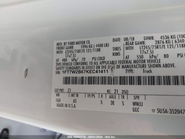Ford F-250 Xl 2019 1FT7W2B67KEC41411 Image 9