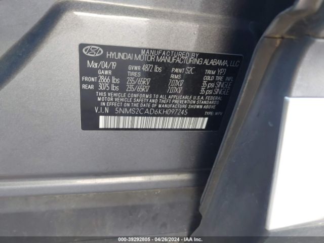 5NMS2CAD6KH097245 Hyundai Santa Fe Se