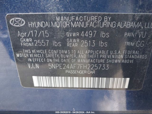 5NPE24AF7FH225733 Hyundai SONATA SE