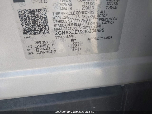 Chevrolet EQUINOX LT 2018 2GNAXJEV2J6264685 Image 9