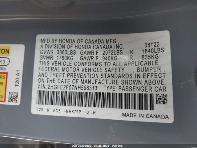 2HGFE2F57NH598313 Honda Civic Sport