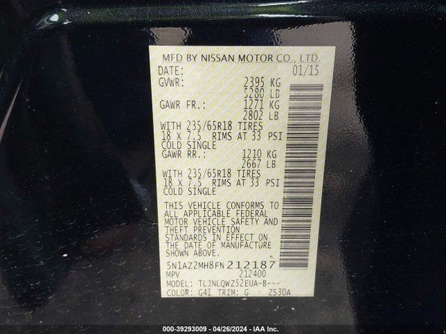 Nissan MURANO SV 2015 5N1AZ2MH8FN212187 Image 9
