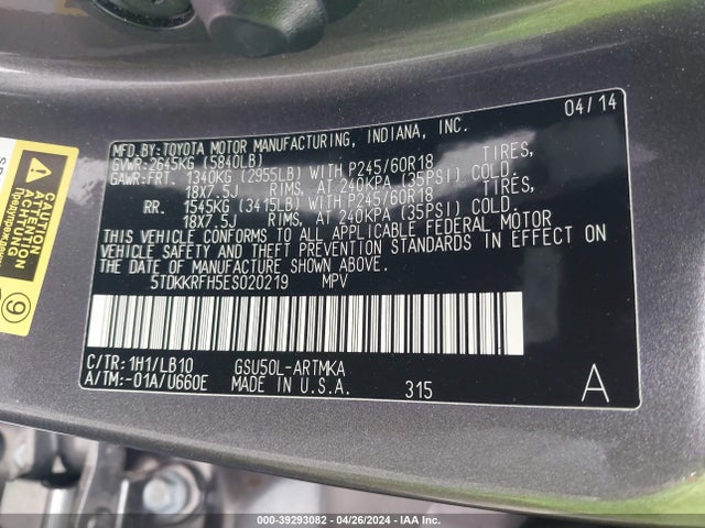 Toyota Highlander Xle V6 2014 5TDKKRFH5ES020219 Image 9