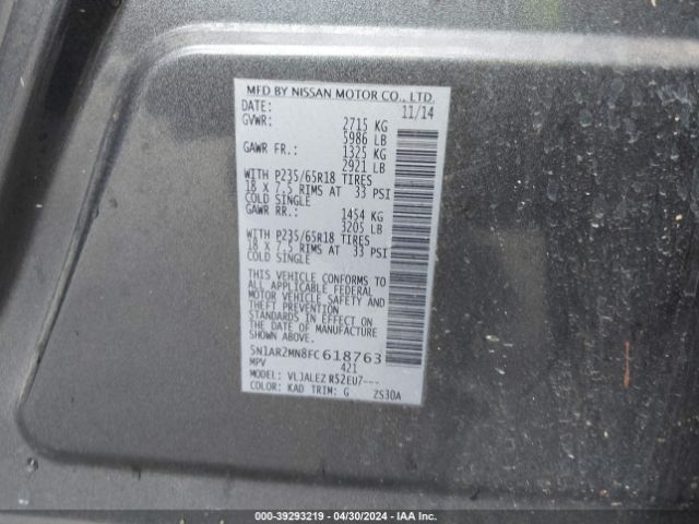 5N1AR2MN8FC618763 Nissan Pathfinder Platinum/s/sl/sv