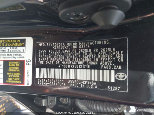 4T1BD1FK4EU121718 Toyota Camry Hybrid Le