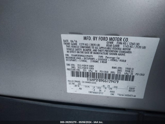 Ford Taurus Limited 2016 1FAHP2F89GG129479 Image 9