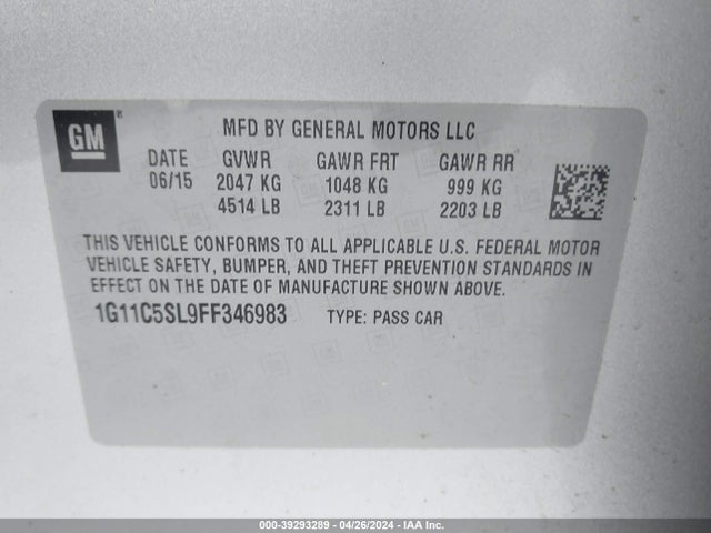 Chevrolet MALIBU 1LT 2015 1G11C5SL9FF346983 Image 9