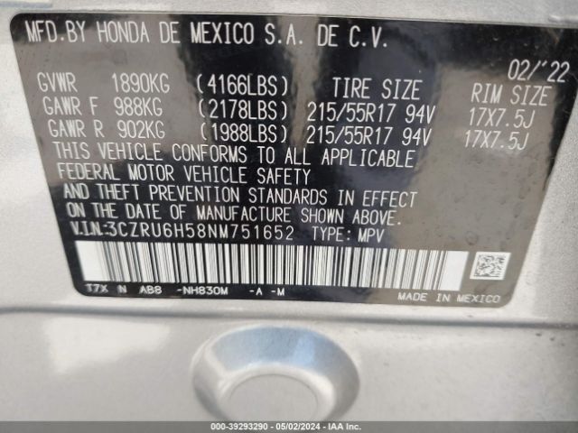 3CZRU6H58NM751652 Honda Hr-v Awd Ex