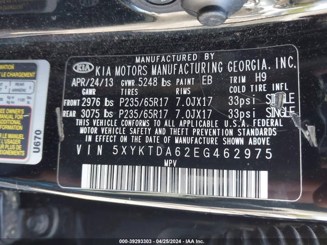 KIA SORENTO LX 2014 5XYKTDA62EG462975 Image 9