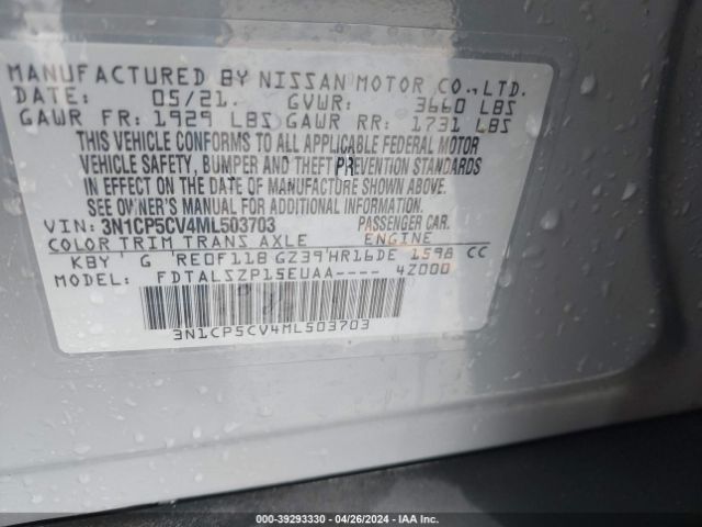 3N1CP5CV4ML503703 Nissan Kicks Sv Xtronic Cvt