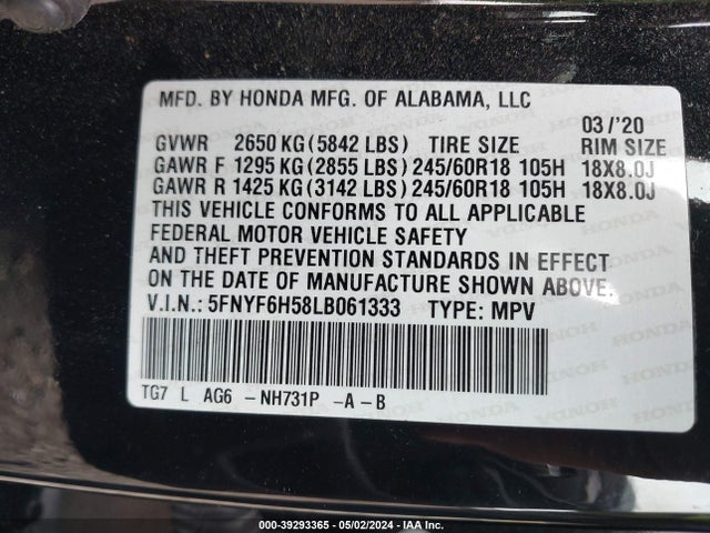 Honda Pilot Awd Ex-l 2020 5FNYF6H58LB061333 Image 9