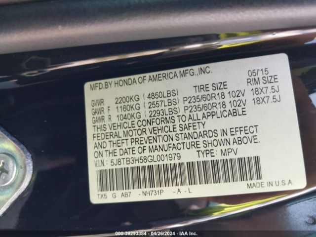 5J8TB3H58GL001979 Acura Rdx Technology   Acurawatch Plus Packages/technology Package